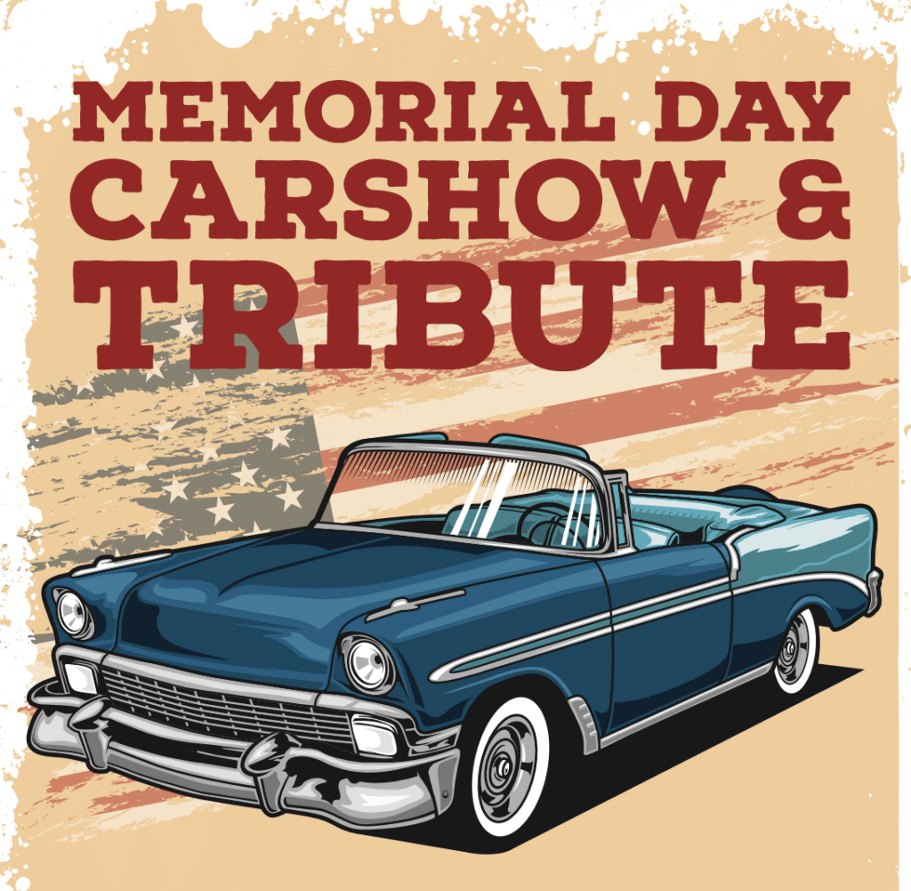 Illustration of a vintage blue convertible car with Memorial Day Carshow & Tribute text. A faded American flag is in the background. The design has a retro theme with a distressed beige texture surrounding the image.